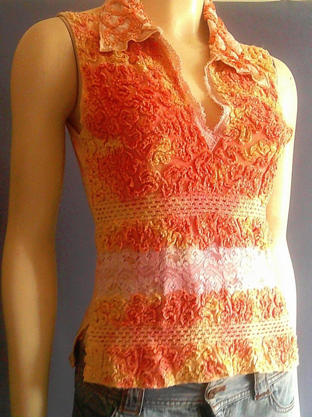 Mezon Orange Textured White Lace Collared Sleeveless Tie Dye Top M